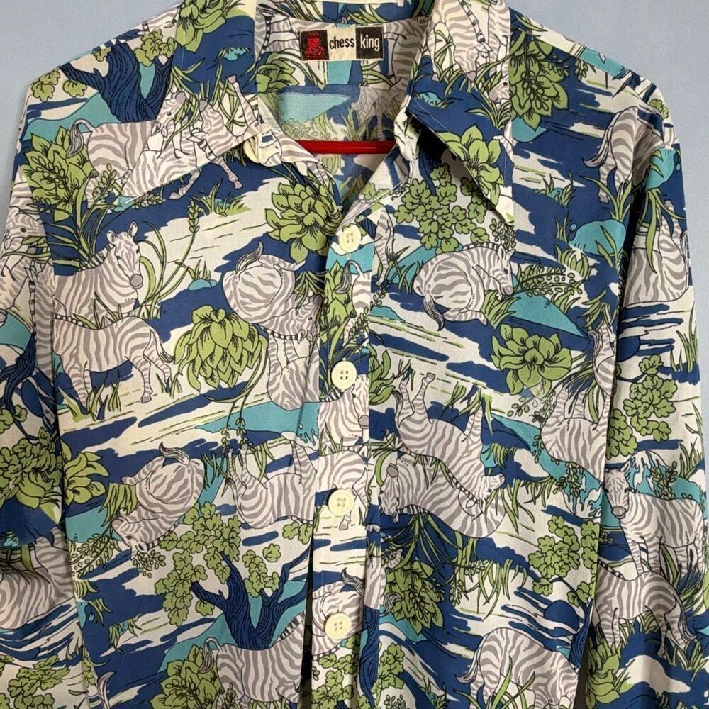 Vintage Chess King Button Down Dress Shirt Zebras Greenery Lg Nylon